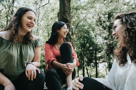 Three young woman having a discussion while laughing in the forest. Smile, friendship and care concepts