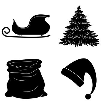 Christmas silhouette icon set. Collection of black december holiday symbol. Black and white illustration isolated on white background.