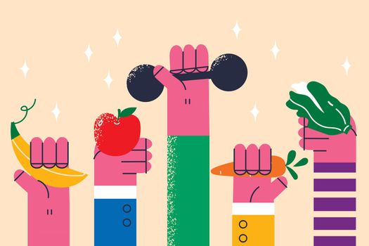 Living healthy lifestyle and eating concept. Human hands holding various fresh fruits and veggies and sport dumbbels for workout vector illustration