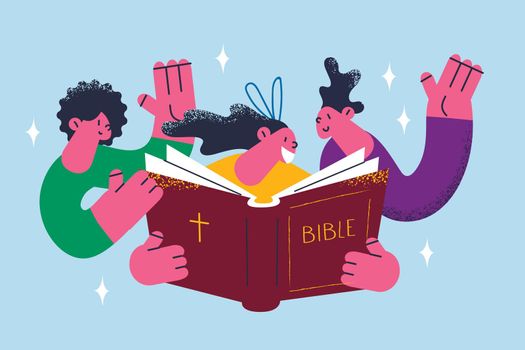 Religious education and church concept. Group of smiling happy children reading bible book together for religion development vector illustration