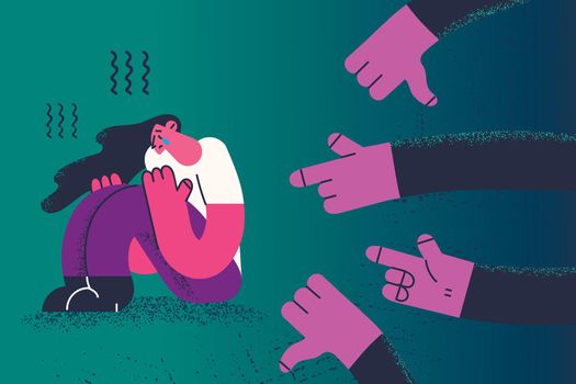 Depression and people influence bullying concept. Human hands pointing at sad depressed crying sitting woman making her guilty and not normal vector illustration