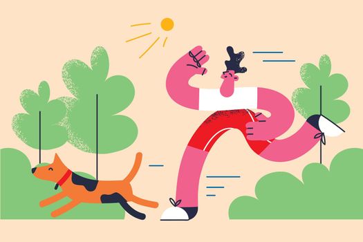Active lifestyle with pets concept. Young smiling man boy running jogging making training in park on summer with his dog together vector illustration