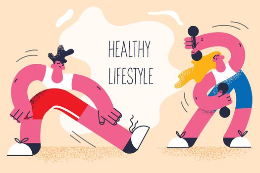 Living healthy active lifestyle concept. Young smiling couple man and woman cartoon characters doing training sports workout together with dumbbels in gym vector illustration