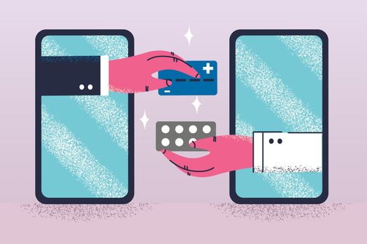 Online pharmacy and healthcare concept. Smartphones screens with human hands giving pills and buying with credit card online vector illustration