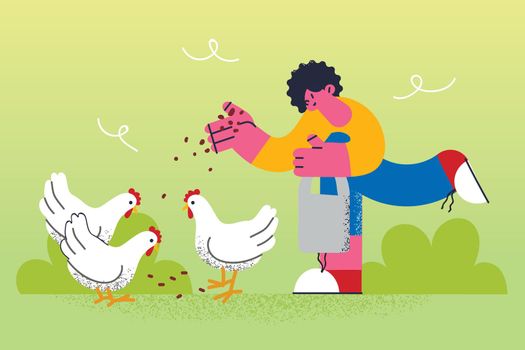 Farm animals and village life concept. Smiling girl or boy standing and feeding chicken with seeds from hand outdoors on yard vector illustration