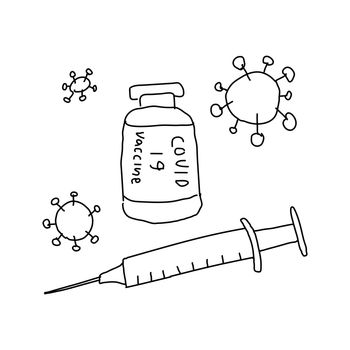 Covid 19 vaccine vector doodle illustration bottle with needle doodle for clinical trial