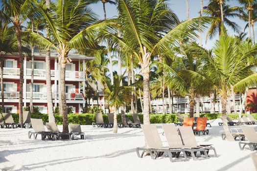 beach sun loungers white sand palm trees tropics landscape luxury
