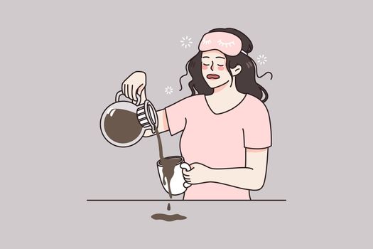 Sleepy woman spill coffee early in morning