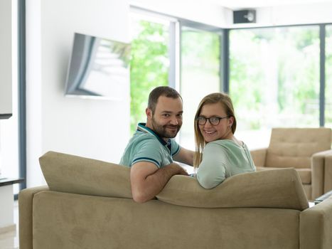 Rear view of couple watching television