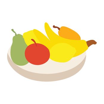 apples, lemons, bananas, pears in a container, accompanied by a white background