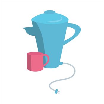 Vector illustration of flat electric kettle kitchen utensil and pink mug