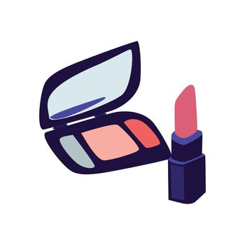 flat design illustration of tricolor eyeshadow with lipstick
