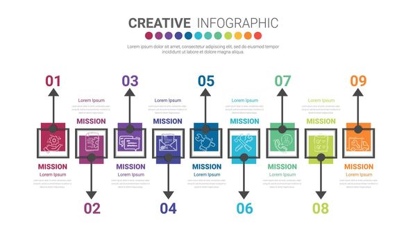 Infographic design template with 9 options for process diagram, presentations.