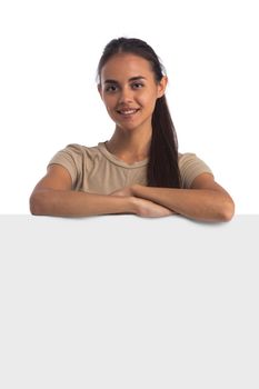 Beautiful latin young woman with blank banner - isolated over white background