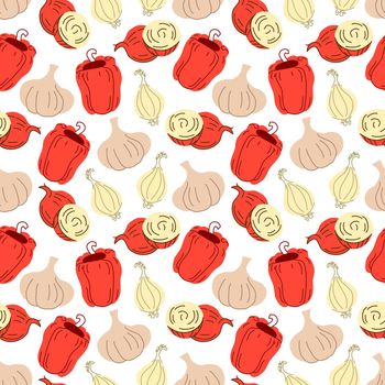 Seamless pattern vegetables with elements of onion, garlic, paprika . Vector illustration