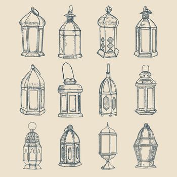 set ramadan lantern for your design, ramadan kareem hand drawn vector illustration, old vintage lantern graphic