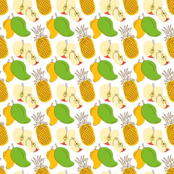pattern background with three element fruits coloring. Tropic summer seamless pattern with pineapple, mango, apple