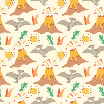 Seamless pattern with dinosaurs, palms and volcanoes. Perfect for kids fabric, textile, nursery wallpaper.