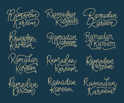 Collection of Ramadan Kareem modern calligraphy isolated on white background. Handwritten lettering. Hand drawn vector design elements. Muslim holy month.