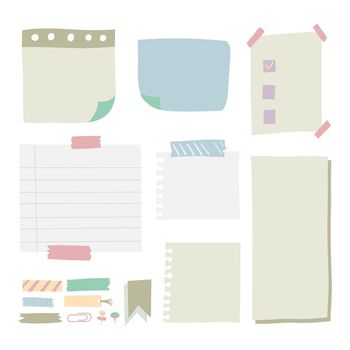 Pieces of different size colorful note, notebook, copybook paper sheets stuck with sticky tape on gray background