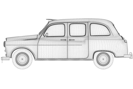 Wireframe of a retro car from black lines isolated on a white background. Side view. 3D. Vector illustration