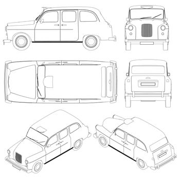 Set with the contours of a retro car from black lines isolated on a white background. Old car from different sides. Front, back, side, top, isometric view. Vector illustration