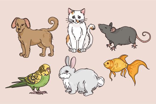 Set of diverse pets cat, dog and rabbit for home. Colorful collection of domestic animals rodent, parrot and fish. Children hobby activity, best friends concept. Flat vector illustration.