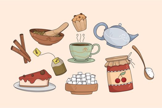 Set of tea and dessert items