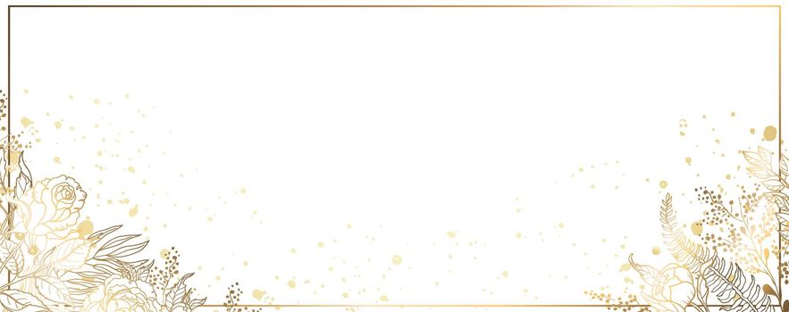 Luxurious golden wallpaper. Banner with a white background and beautiful light stripes and spots. Gold roses and mimosa wall flowers with a shining light texture. Modern art mural wallpaper. Vector
