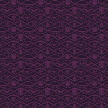 hand-drawn different eyes seamless pattern dark purple color, endless background with eye symbol of magic esoteric divination
