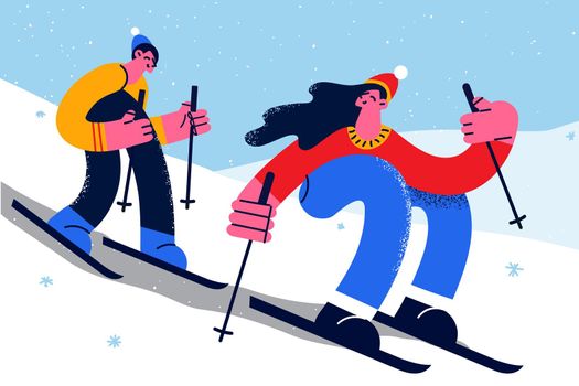Winter activities and sport concept. Young happy couple riding downhill practicing mountain skiing together on snow having fun vector illustration