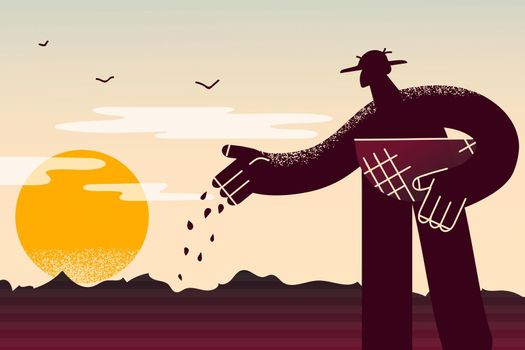 Farming, agriculture and growing concept. Silhouette of man farmer standing putting seeds into ground for growing plants vegetables fruits on sunset or sunrise vector illustration
