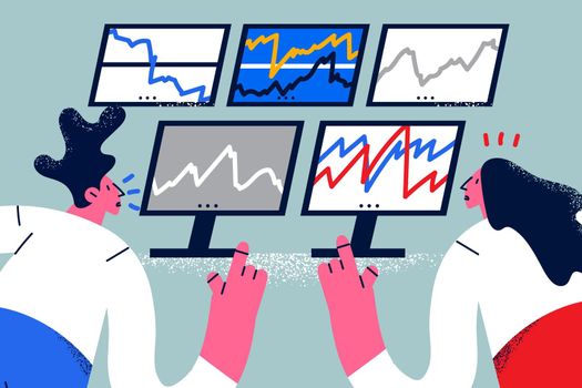 Financial stock exchange data concept. People workers sitting backwards looking at monitors screens with financial stock data information rates vector illustration