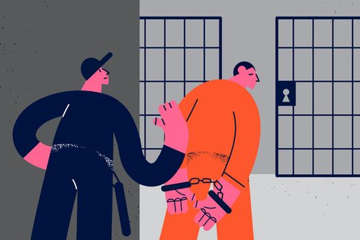 Crime, punishment and prison concept. Man prison worker taking putting young man criminal in orange uniform to jail prison camera vector illustration