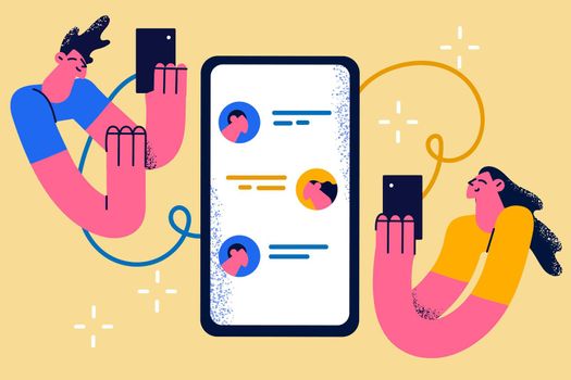 Online communication and chat concept. Two young people man and woman couple cartoon characters holding smartphones screens during online chat vector illustration