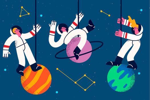 Astronauts and spacemen during work concept. Group of three young cosmonauts in suits levitating in space near planets and galaxies around vector illustration