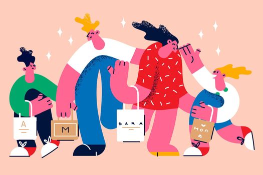 Shopping with family together concept. Happy family father mother and children carrying bags with purchase after successful shopping together vector illustration