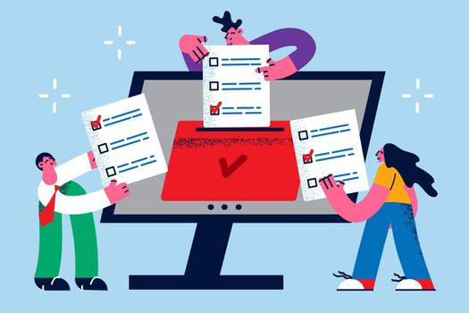 Online elections and making choice concept. Group of young people holding documents with made choice or election form and huge computer screen between them vector illustration