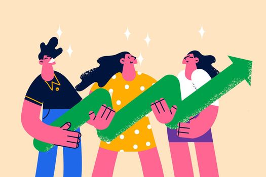 Business development, success, teamwork concept. Young business people cartoon characters standing with huge green arrow in hands meaning development vector illustration