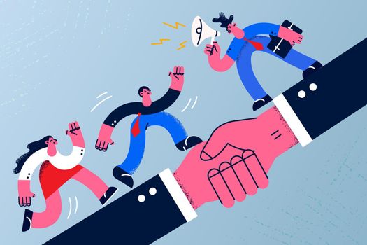 Deal, Agreement and business cooperation concept. Group of young business partners running over huge handshake after successful negotiations meaning collaboration and teamwork vector illustration