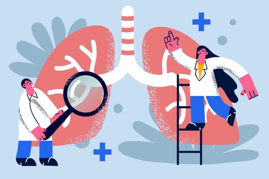 Researching lungs in medicine concept. Young woman and man doctors medical workers investigating huge lungs together with ladder and magnifier vector illustration