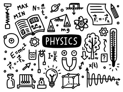 Physics doodle line set school university. Outline subject