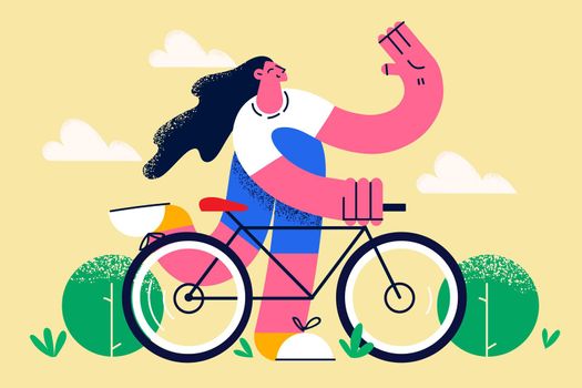 Riding Bike and active lifestyle concept. Smiling pretty brunette hipster girl with long hair riding fixed gear bicycle outdoors during summer vector illustration