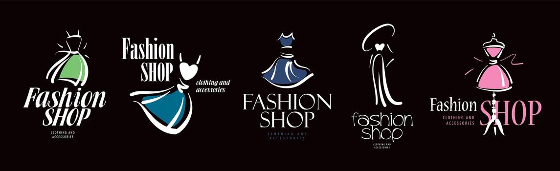 A set of vector drawn Fashion logos on a black background.