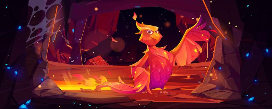Phoenix, fenix fire bird cartoon character in cave