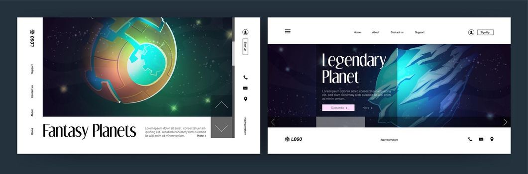 Fantasy planets in space cartoon landing pages