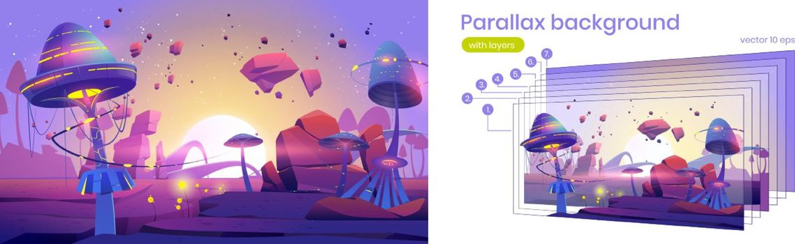 Parallax background with magic land with mushrooms