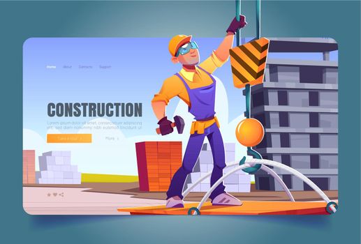 Construction banner with worker and crane hook