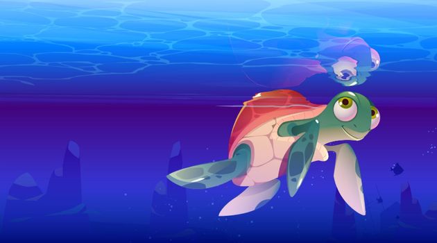 Cartoon turtle sea animal, cute marine tortoise