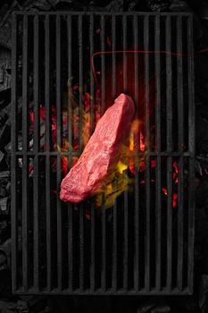 Piece of veal tenderloin cooking on black grill grate over burning charcoals